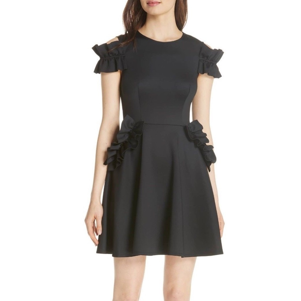 NWOT Ted Baker London Deneese Ruffle Trim Skater Dress – Black – Size 0/small